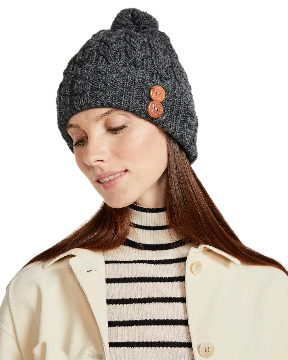 Aran Chunky Knit Button Bobble Hat