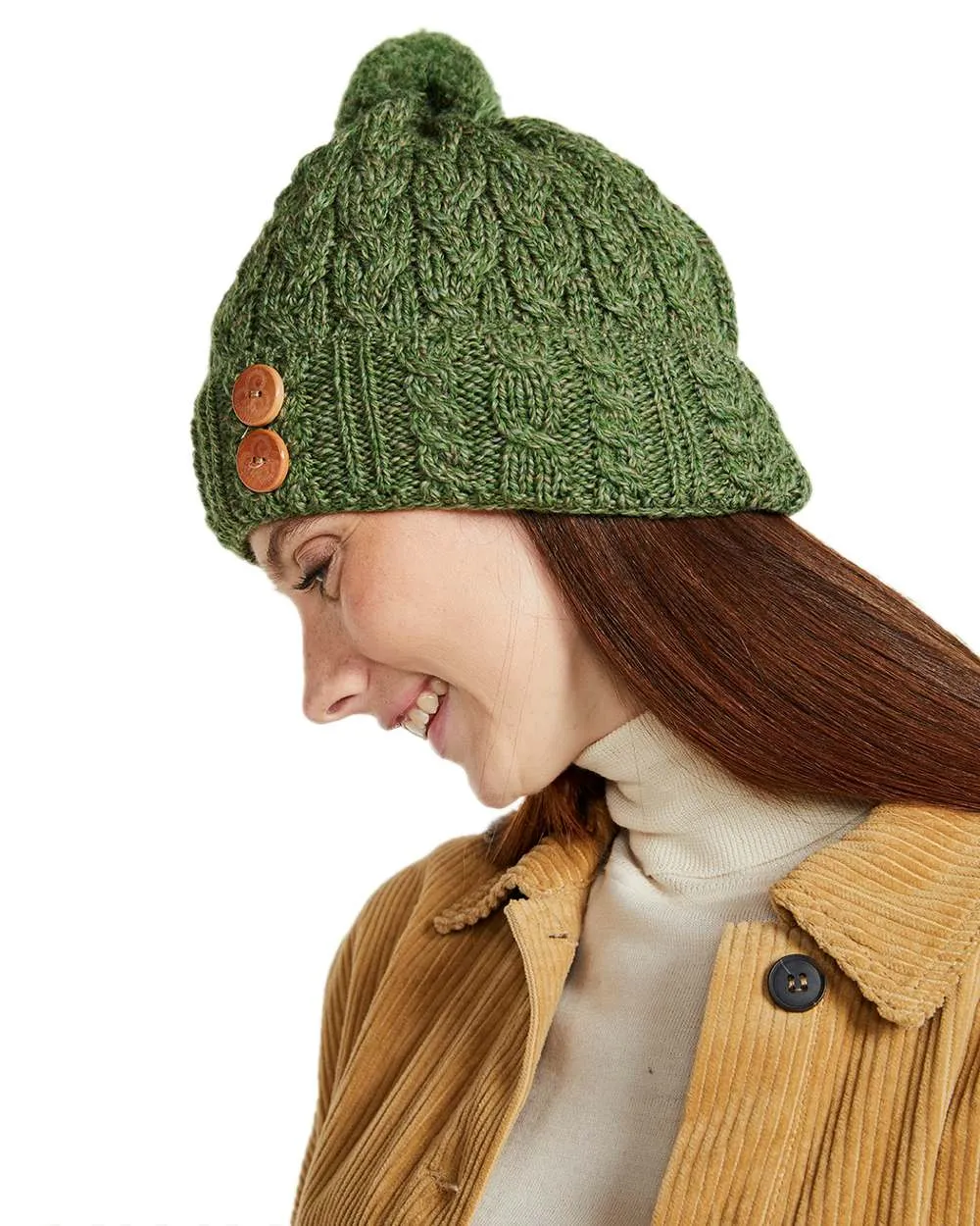 Aran Chunky Knit Button Bobble Hat