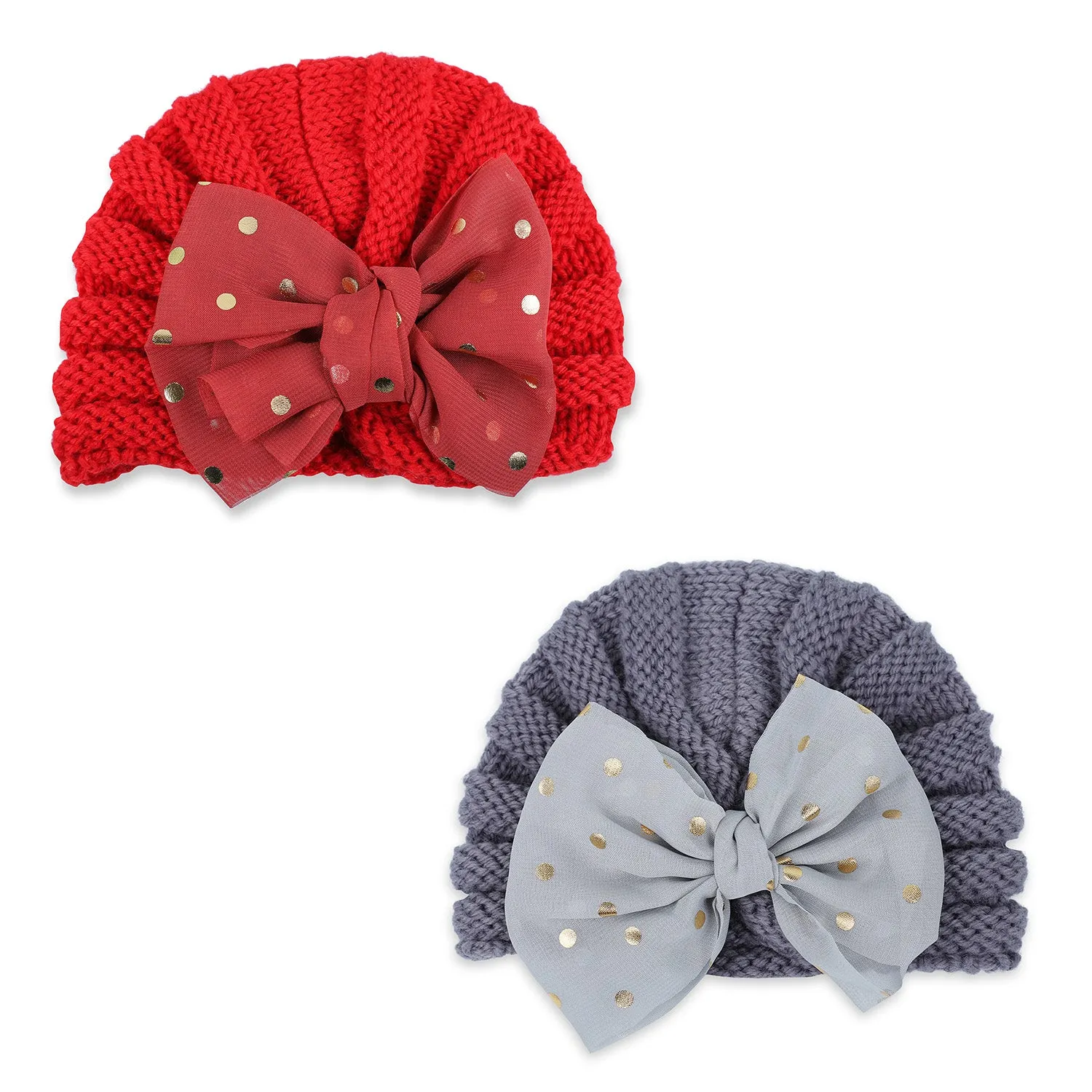 Baby Moo Partywear Sequence Bow 2 Pack Turban Caps - Red And Grey