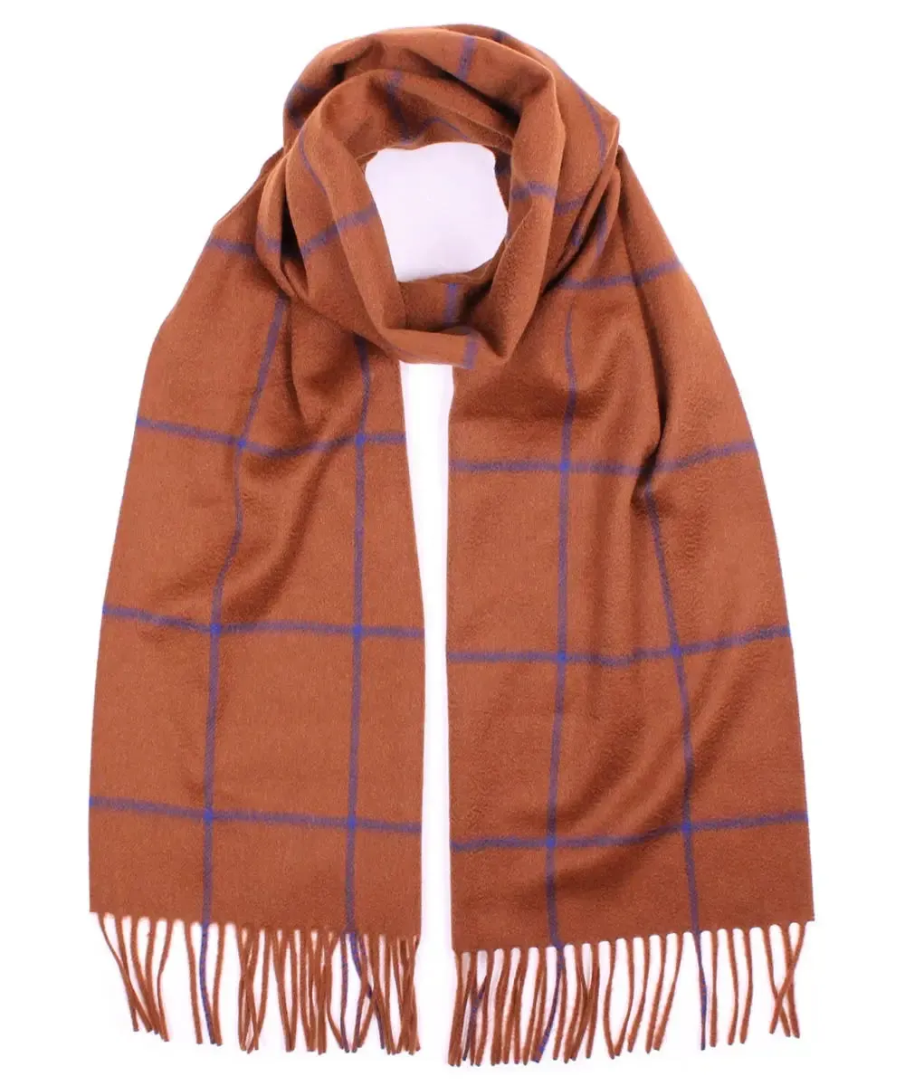 Brown and Blue Large Windowpane Check Cashmere Scarf