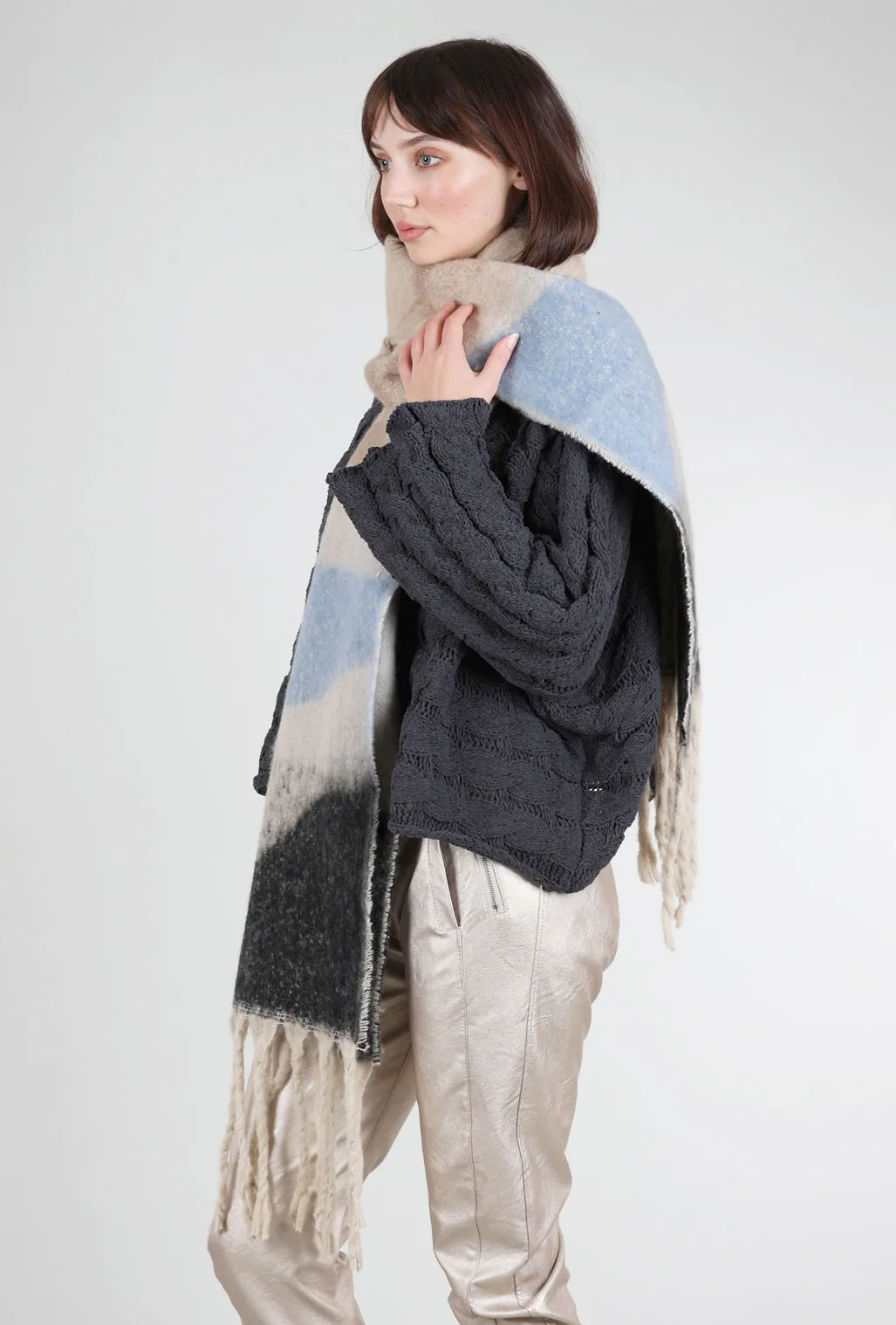 Brushed Oversized Geo Color Block Scarf, Beige/Light Blue