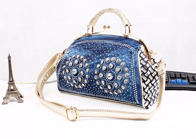 Christmas Gift 2024 fashion denim women handbags designer weaving tote bag crystal diamond decorative big bag