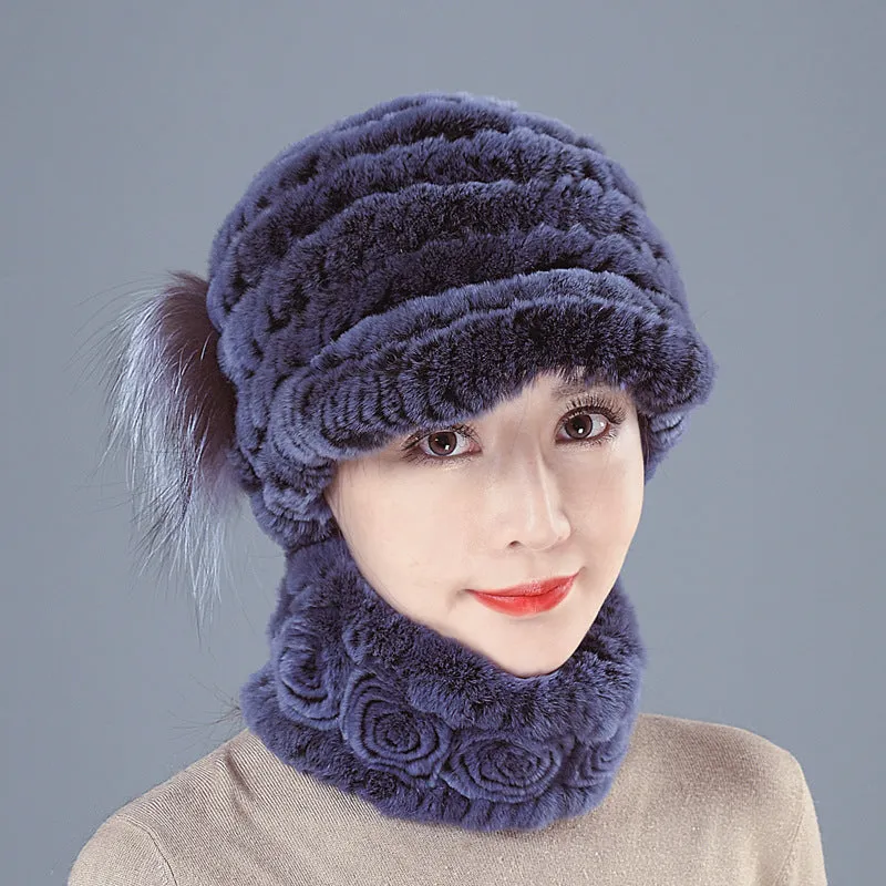 Colorful Rex Fur Hat Scarf Set