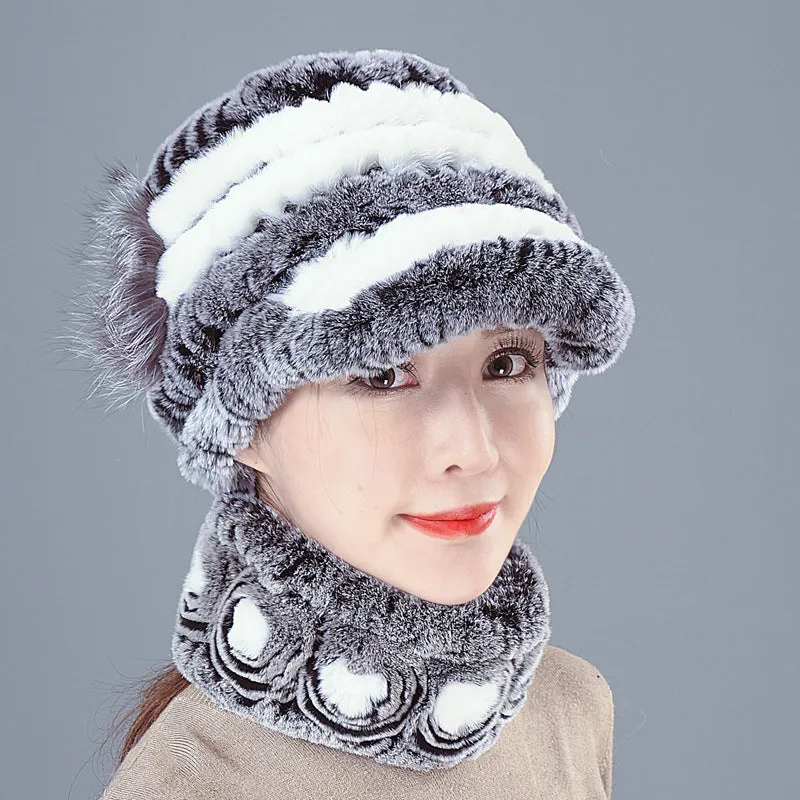 Colorful Rex Fur Hat Scarf Set