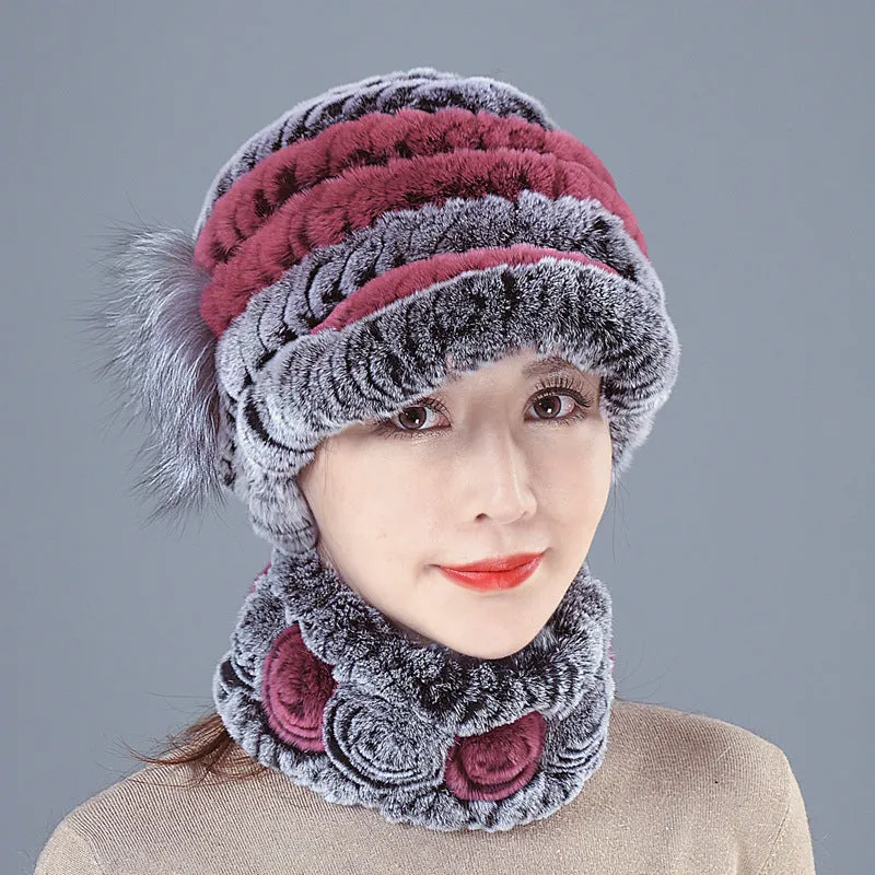 Colorful Rex Fur Hat Scarf Set