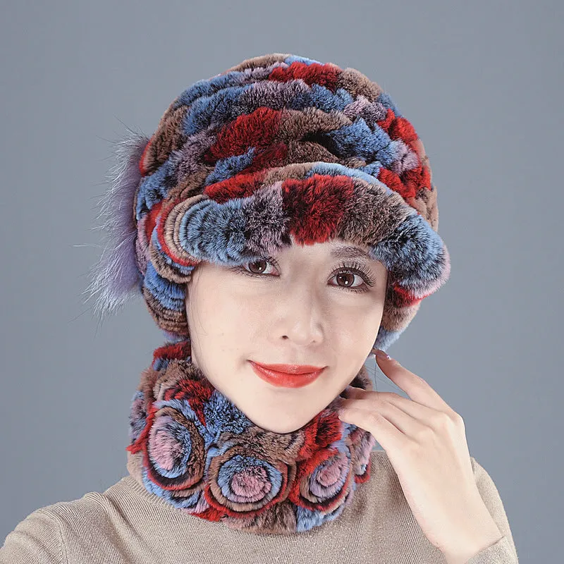 Colorful Rex Fur Hat Scarf Set