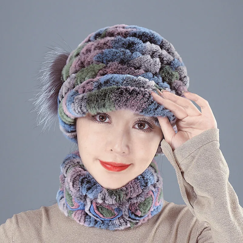 Colorful Rex Fur Hat Scarf Set