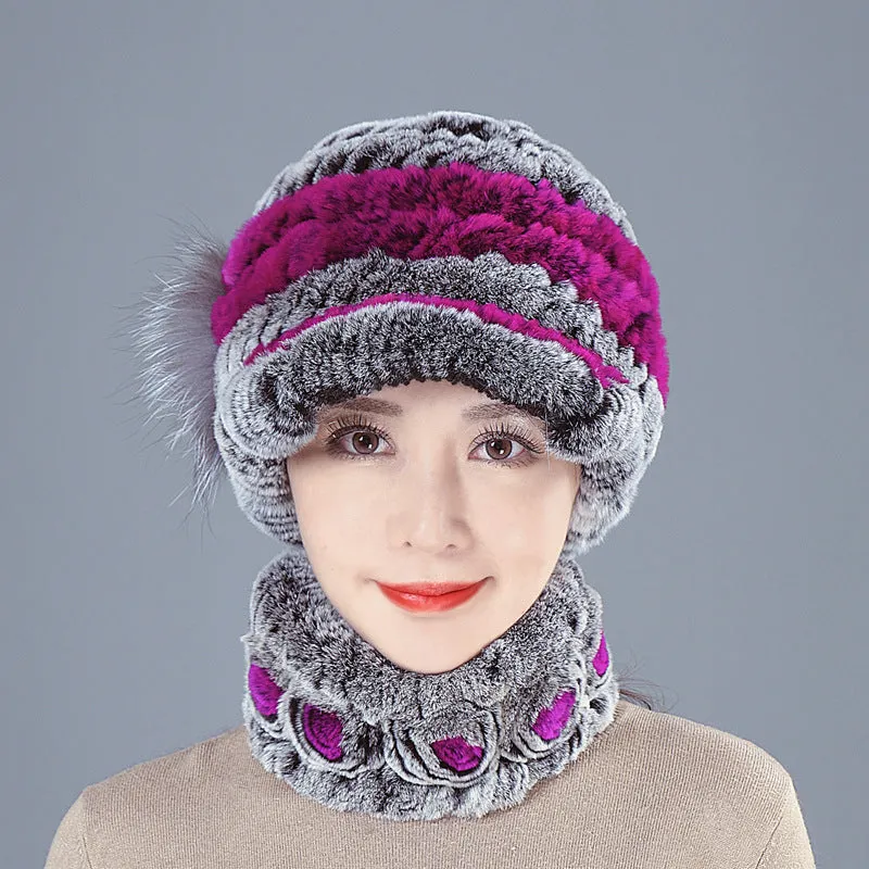 Colorful Rex Fur Hat Scarf Set