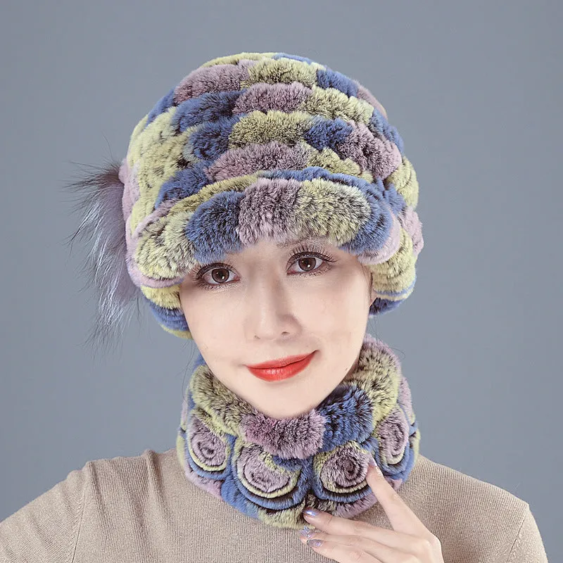 Colorful Rex Fur Hat Scarf Set