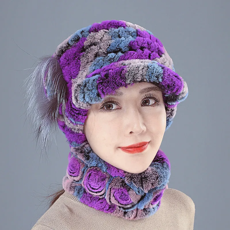 Colorful Rex Fur Hat Scarf Set