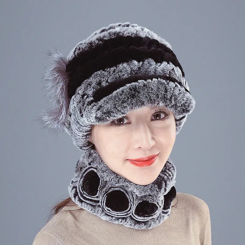 Colorful Rex Fur Hat Scarf Set