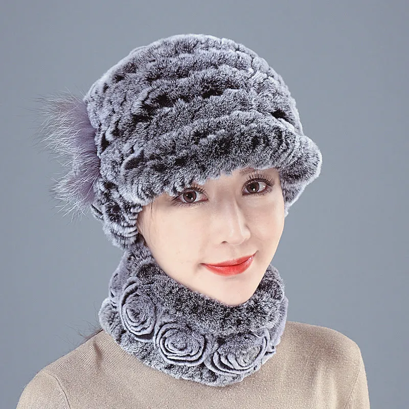 Colorful Rex Fur Hat Scarf Set