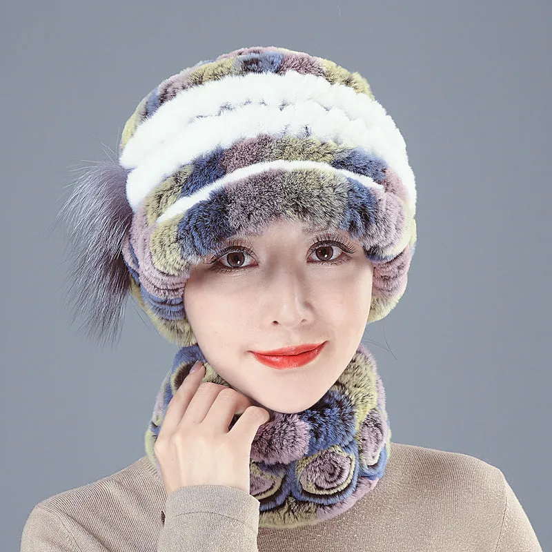 Colorful Rex Fur Hat Scarf Set