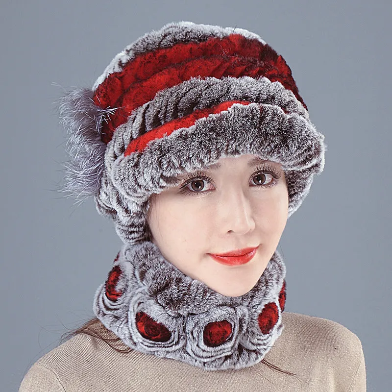 Colorful Rex Fur Hat Scarf Set