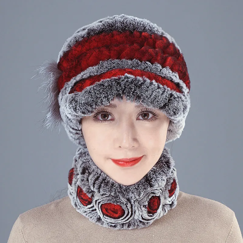 Colorful Rex Fur Hat Scarf Set