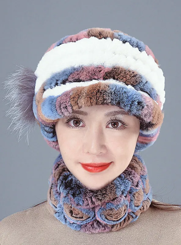 Colorful Rex Fur Hat Scarf Set