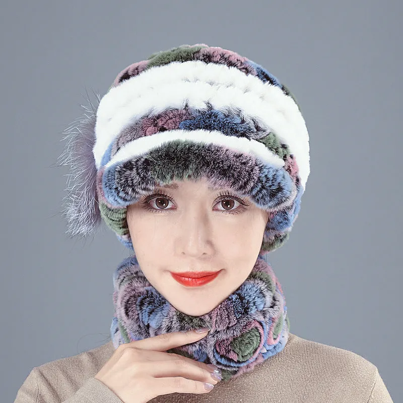 Colorful Rex Fur Hat Scarf Set