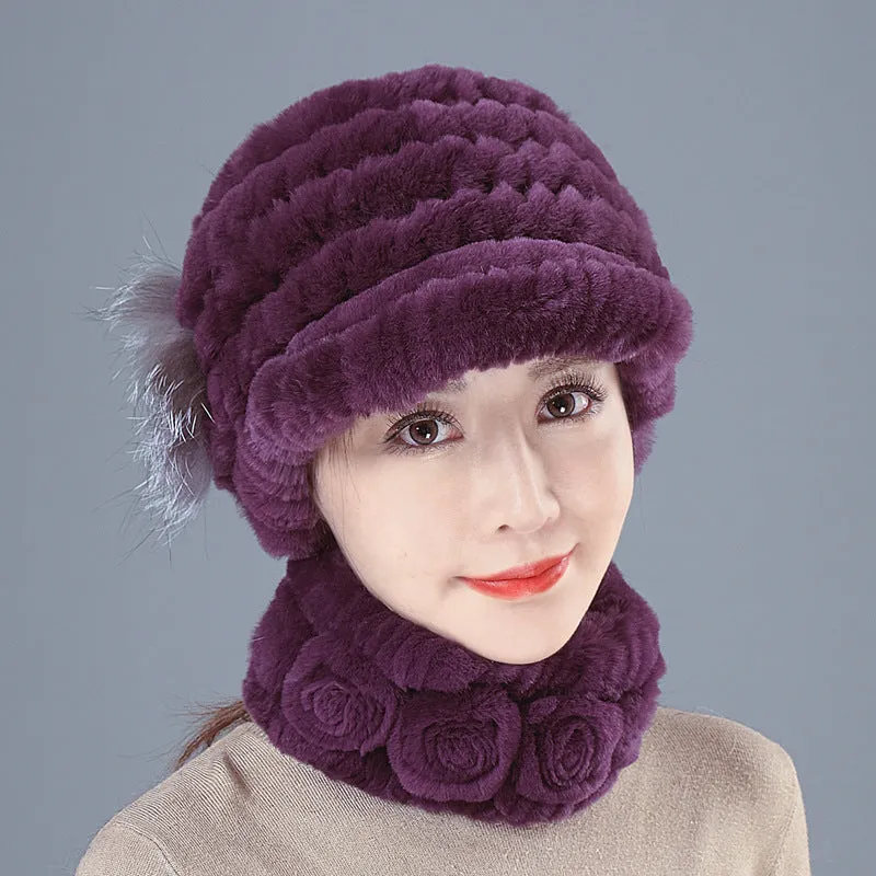 Colorful Rex Fur Hat Scarf Set