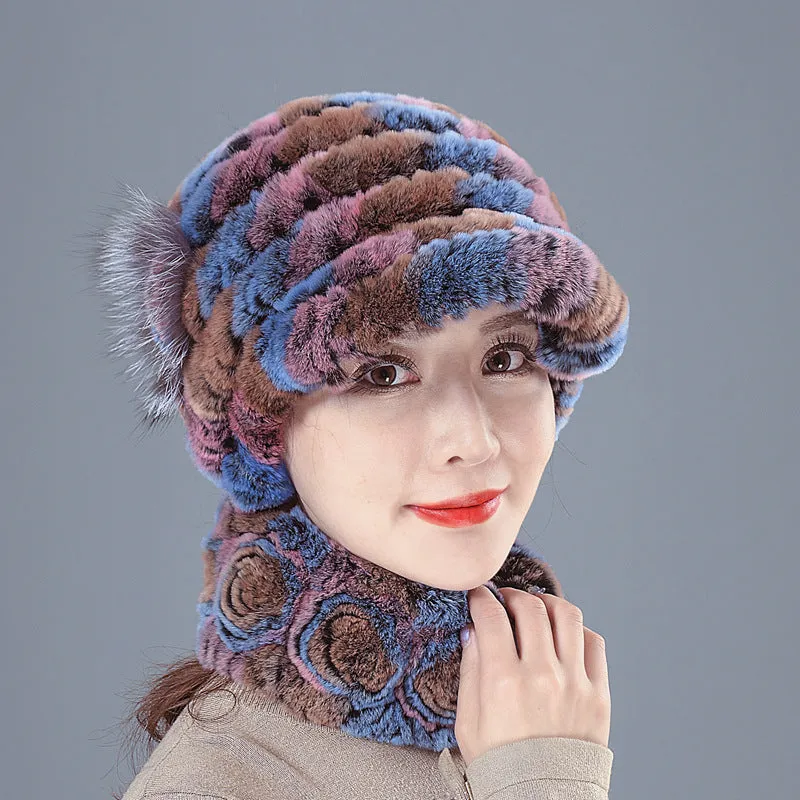 Colorful Rex Fur Hat Scarf Set