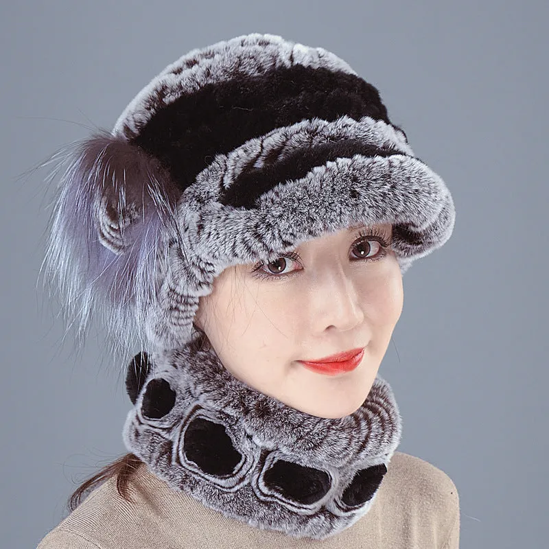 Colorful Rex Fur Hat Scarf Set