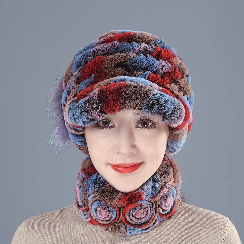 Colorful Rex Fur Hat Scarf Set