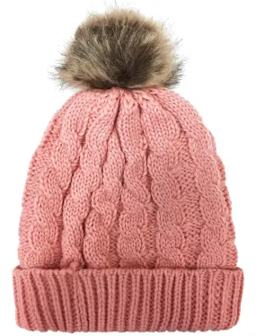 Devin Borg Lined Cable Knit Bobble Hat in Dusty Pink