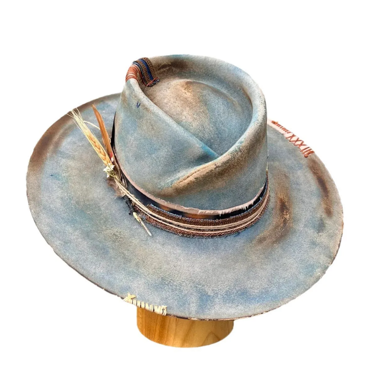 Distressed Fedora with Short Woolen Brim and Feather Adornments