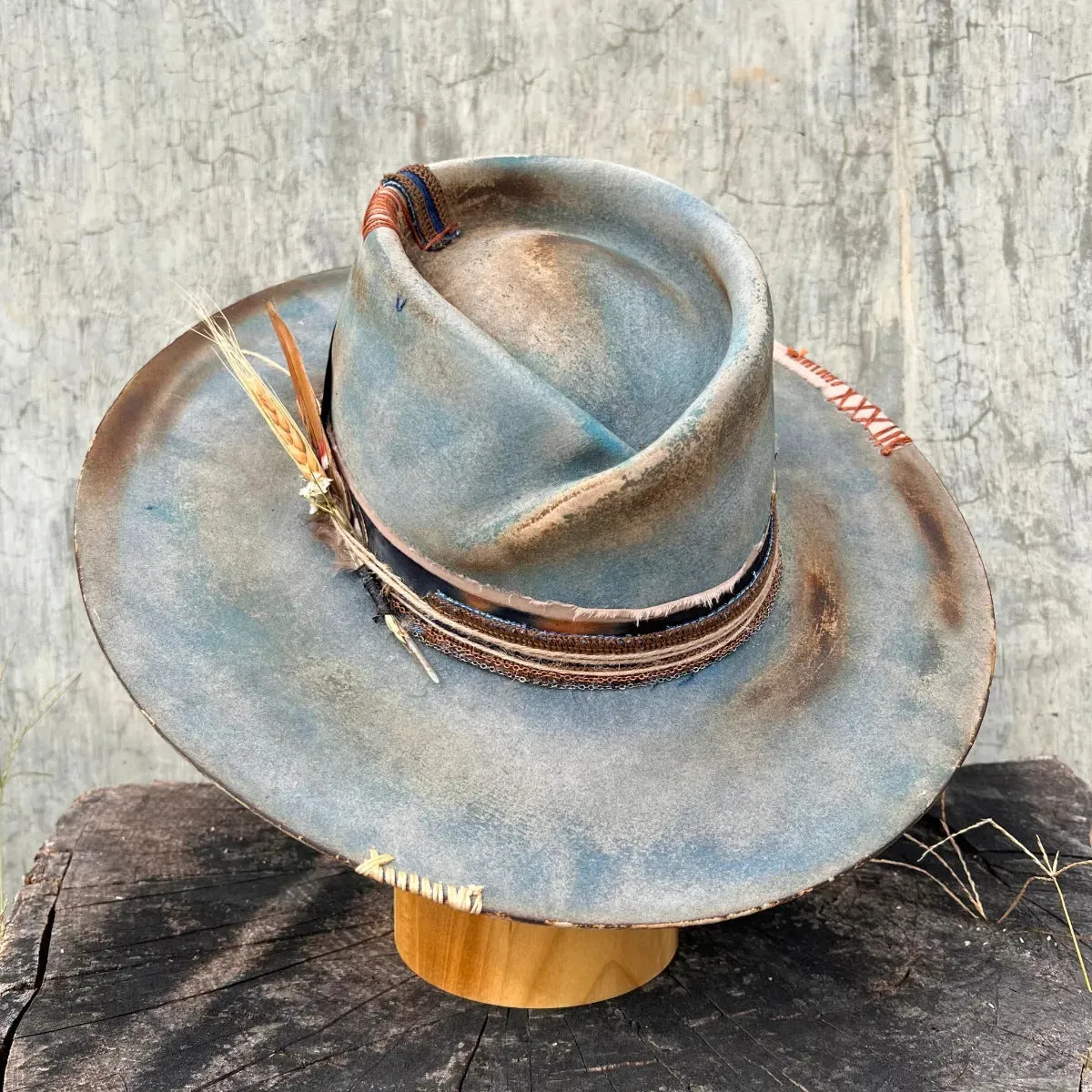 Distressed Fedora with Short Woolen Brim and Feather Adornments