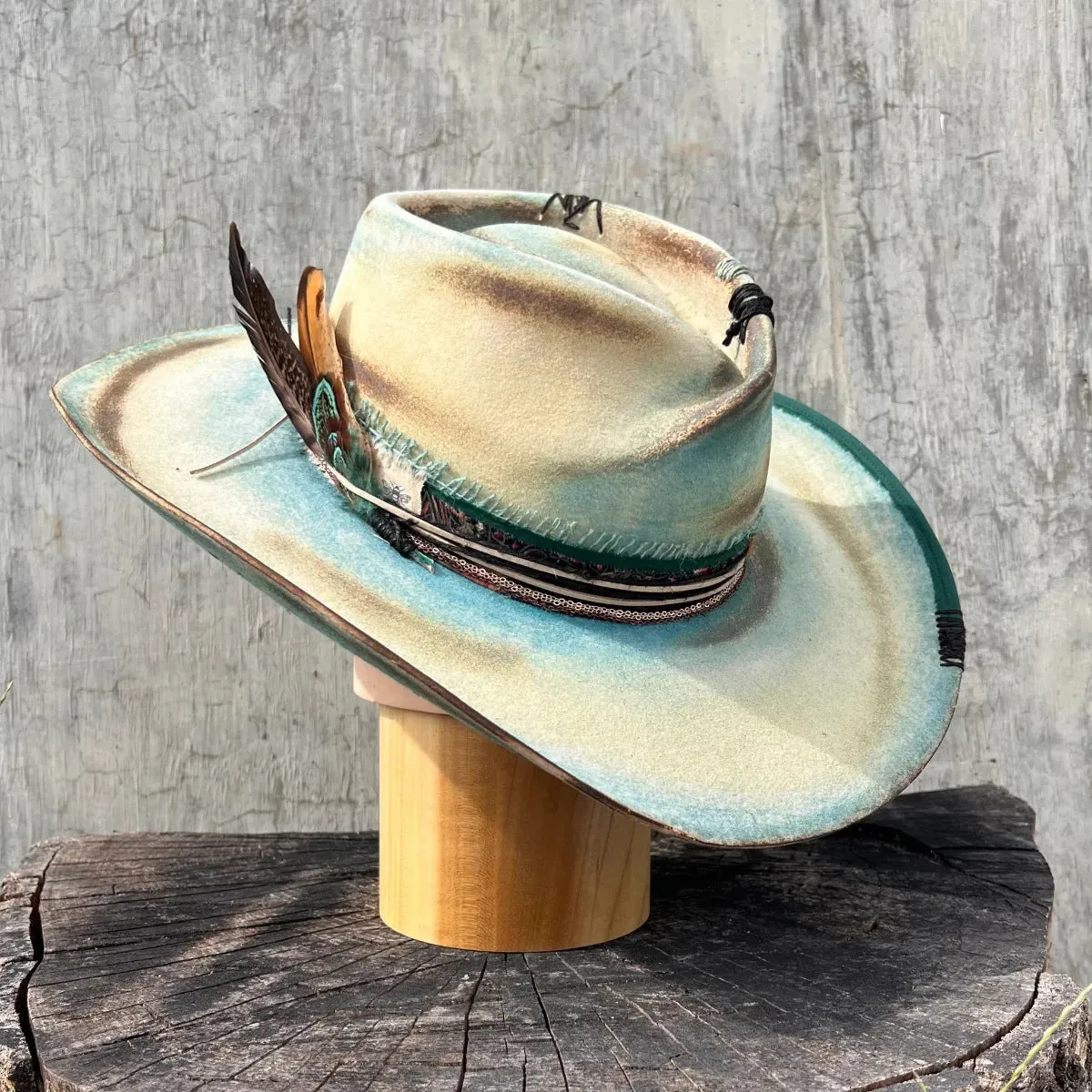 Distressed Fedora with Short Woolen Brim and Feather Adornments