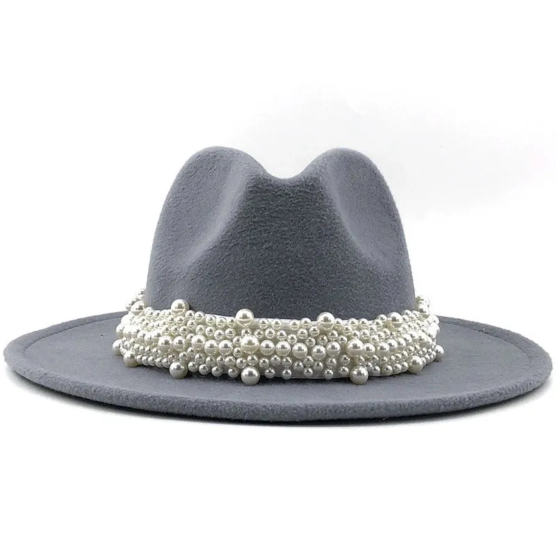 Fashion Elegant Pearl Big Brim Woolen Hat