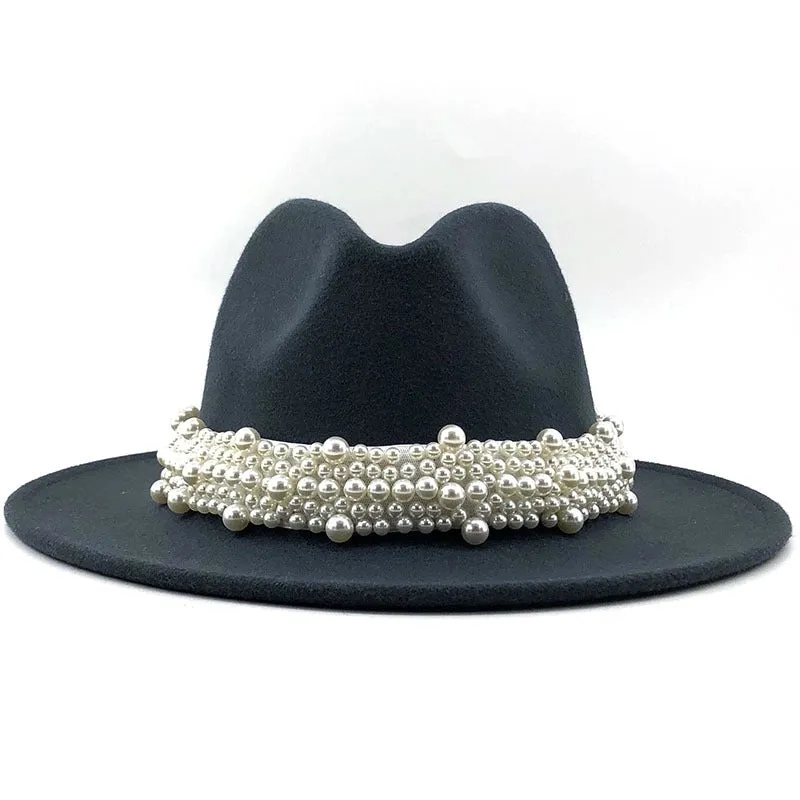 Fashion Elegant Pearl Big Brim Woolen Hat