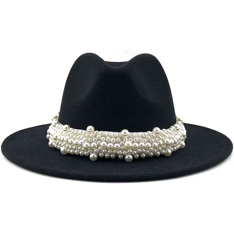 Fashion Elegant Pearl Big Brim Woolen Hat