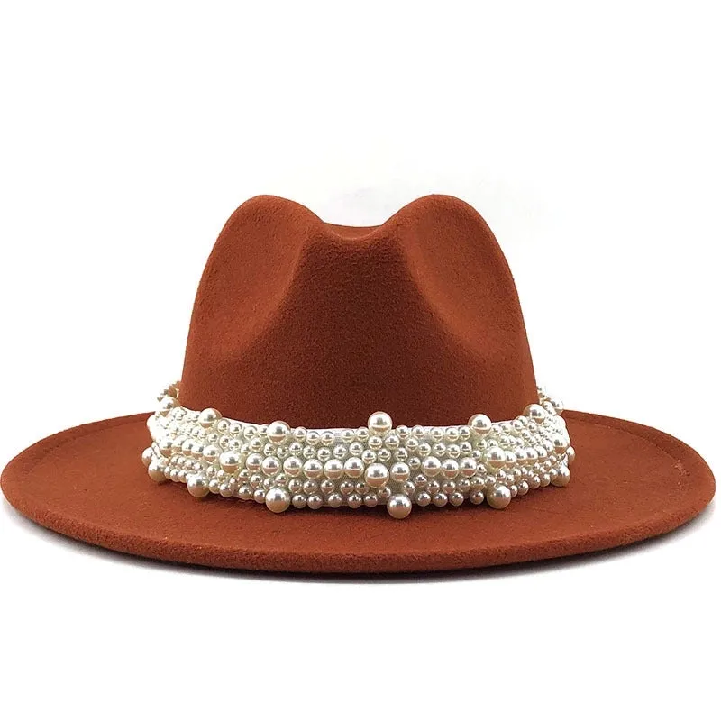 Fashion Elegant Pearl Big Brim Woolen Hat