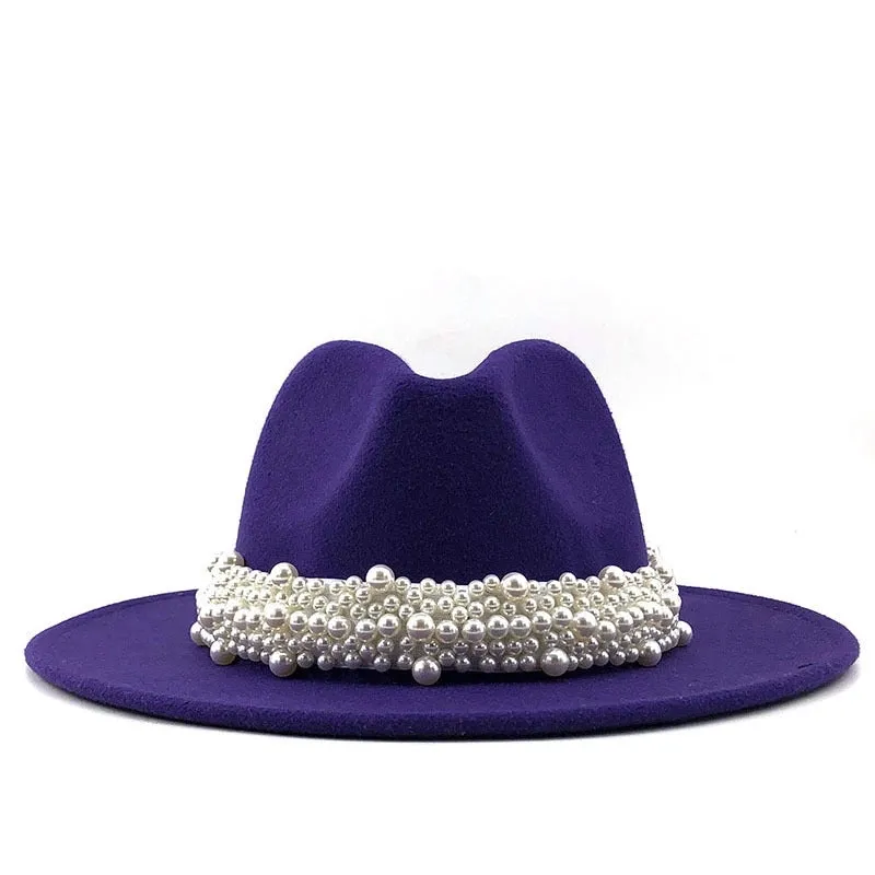 Fashion Elegant Pearl Big Brim Woolen Hat