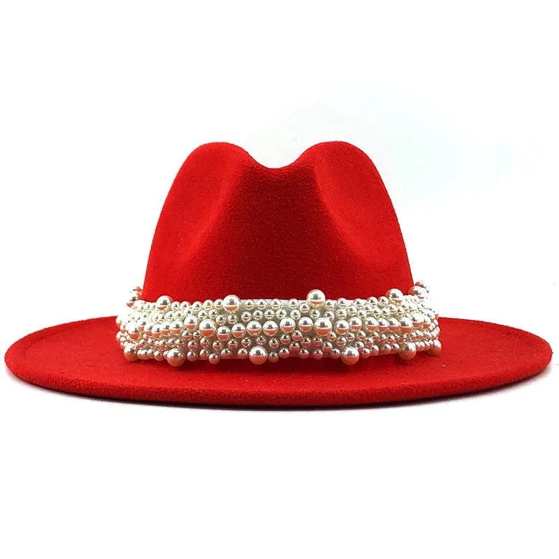 Fashion Elegant Pearl Big Brim Woolen Hat