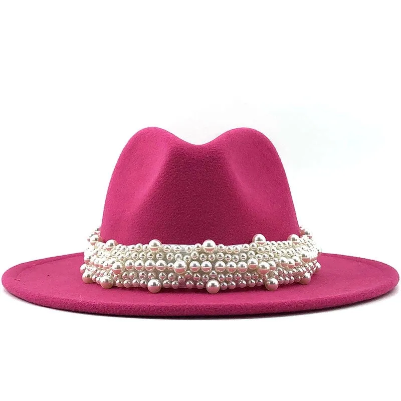 Fashion Elegant Pearl Big Brim Woolen Hat