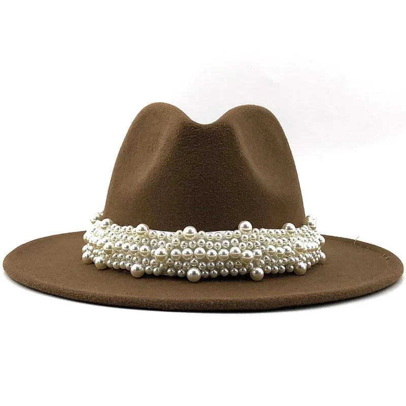 Fashion Elegant Pearl Big Brim Woolen Hat