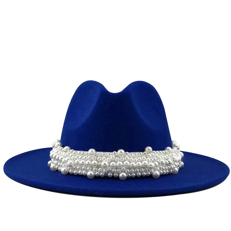 Fashion Elegant Pearl Big Brim Woolen Hat