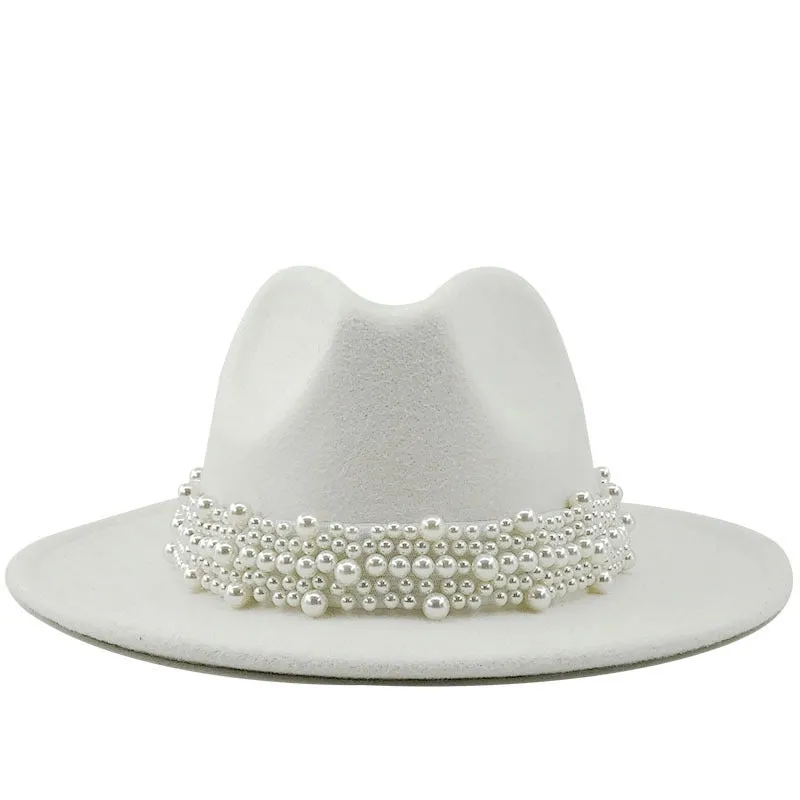 Fashion Elegant Pearl Big Brim Woolen Hat