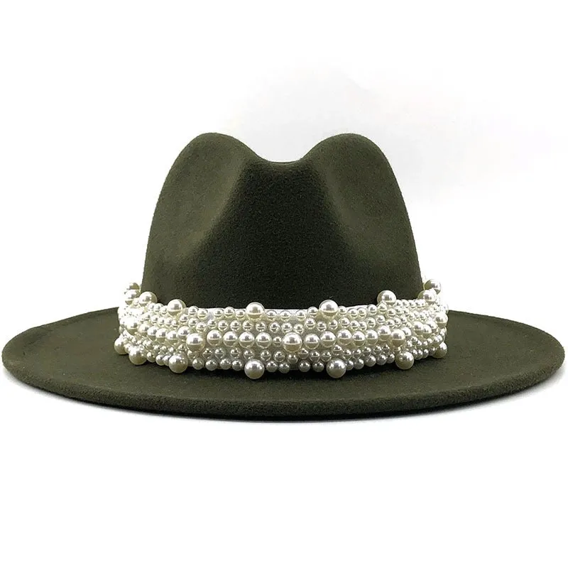 Fashion Elegant Pearl Big Brim Woolen Hat