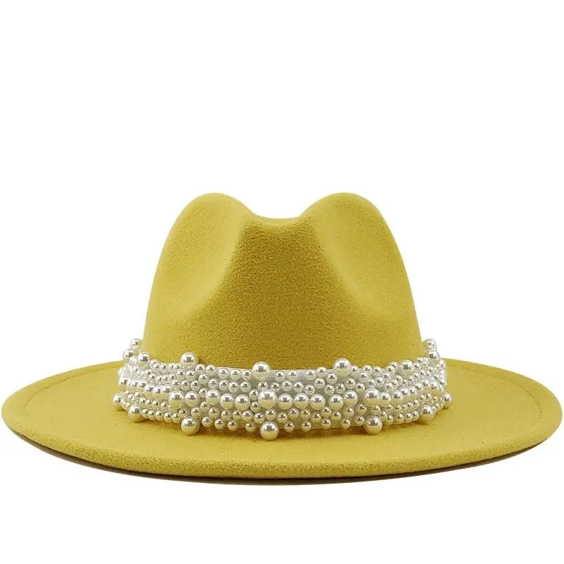 Fashion Elegant Pearl Big Brim Woolen Hat