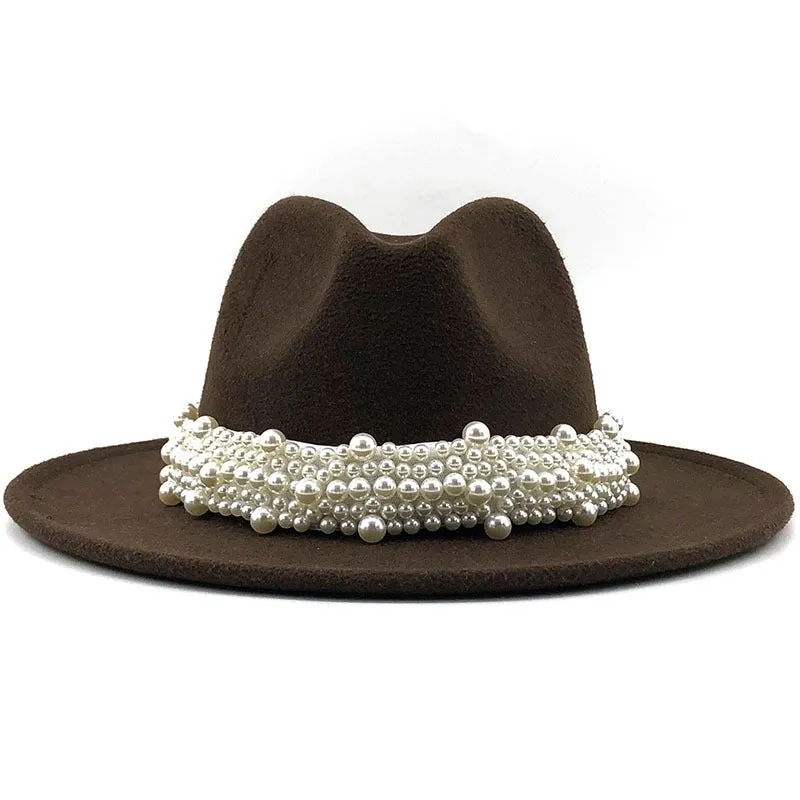 Fashion Elegant Pearl Big Brim Woolen Hat