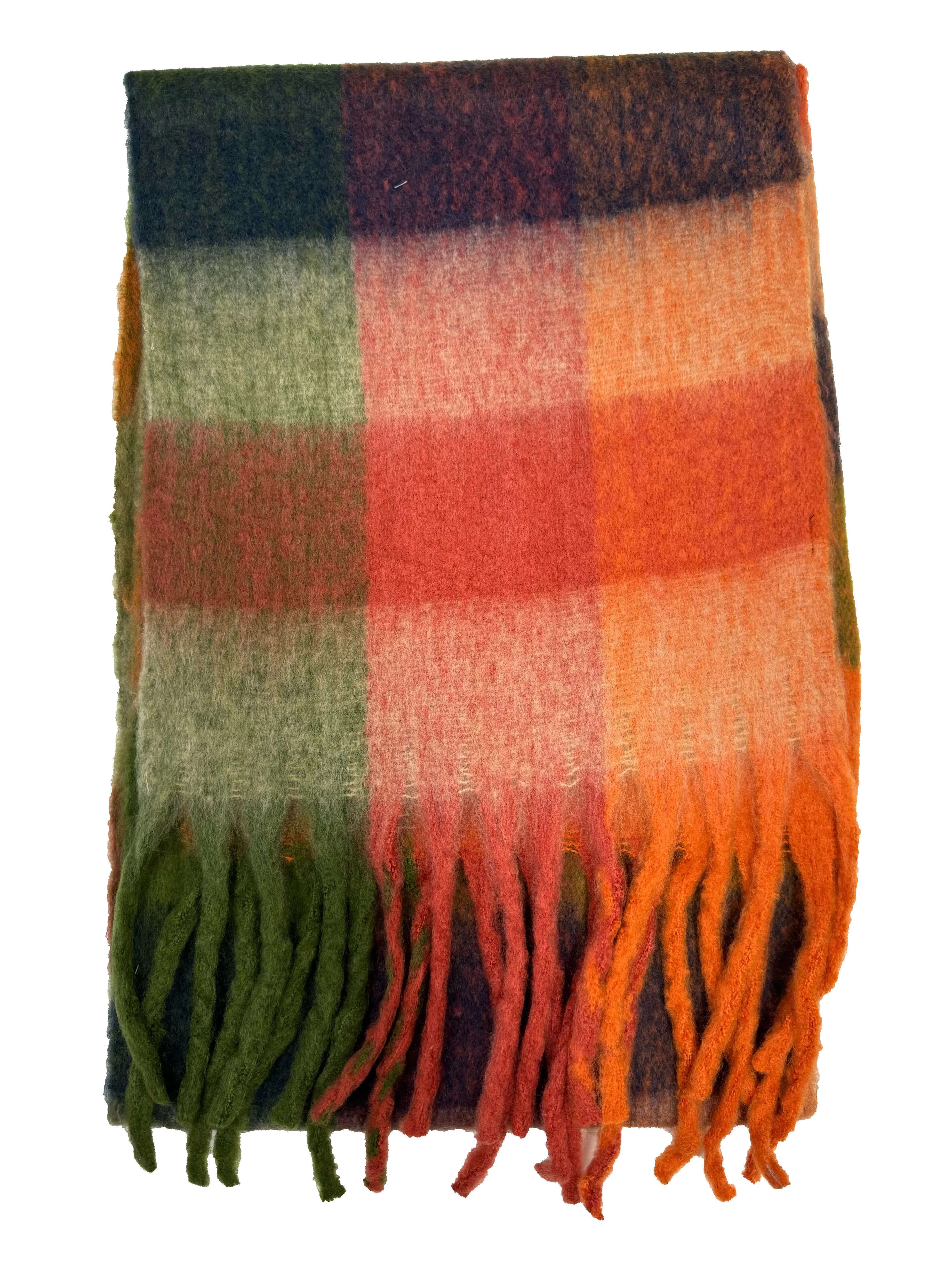 Fluffy Multicoloured Checkered Winter Scarf with Tassels