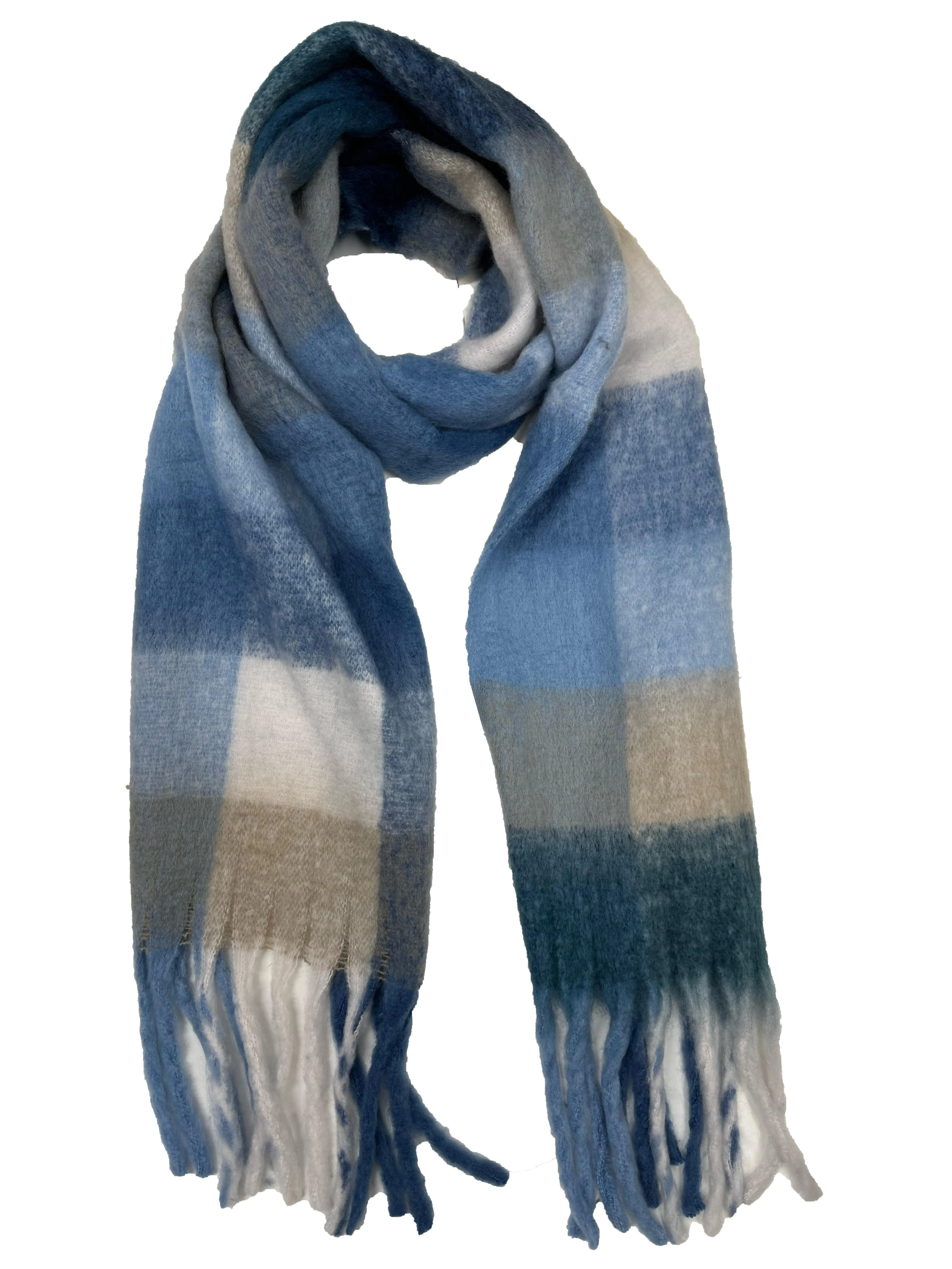 Fluffy Multicoloured Checkered Winter Scarf with Tassels