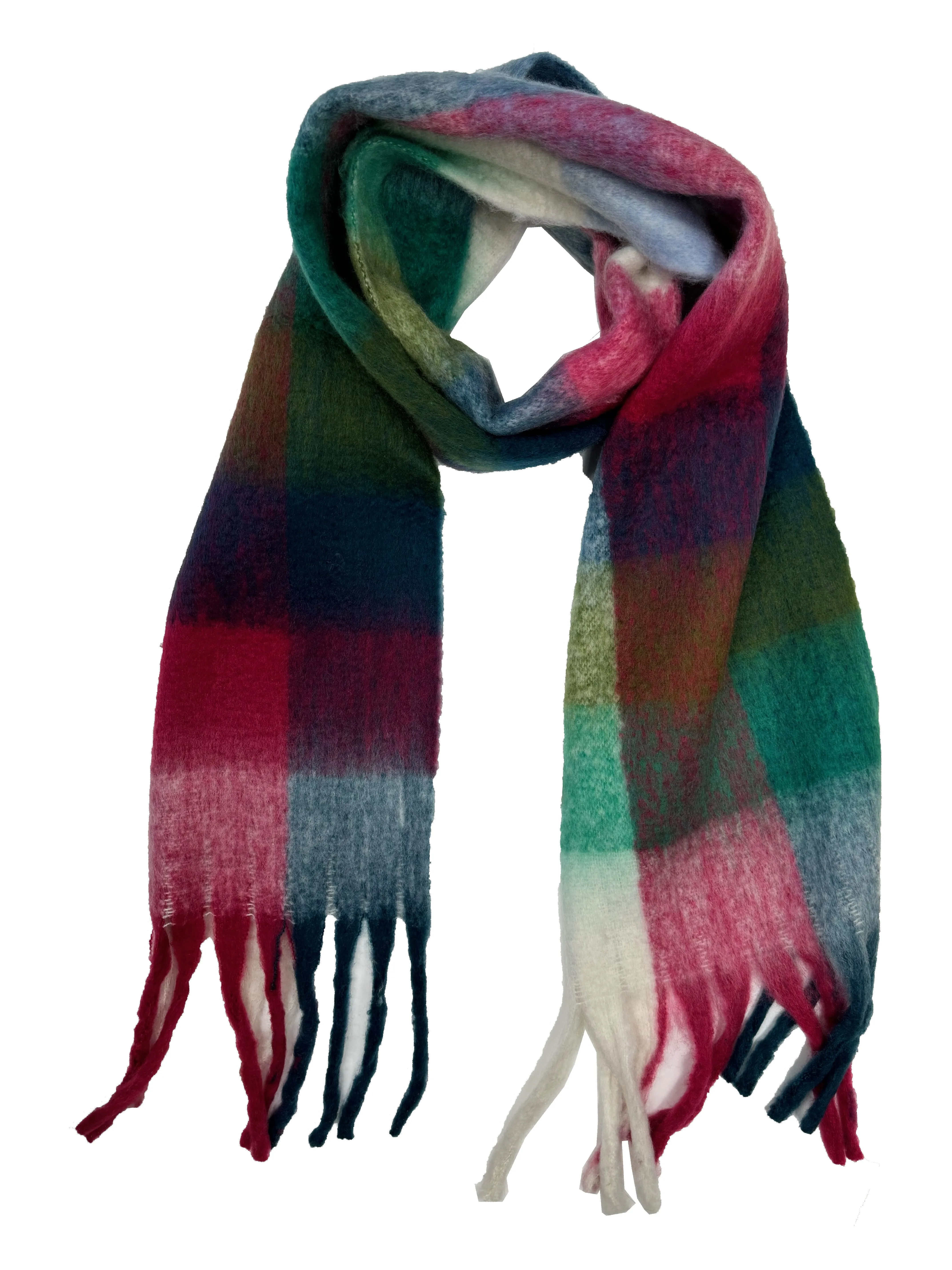 Fluffy Multicoloured Checkered Winter Scarf with Tassels