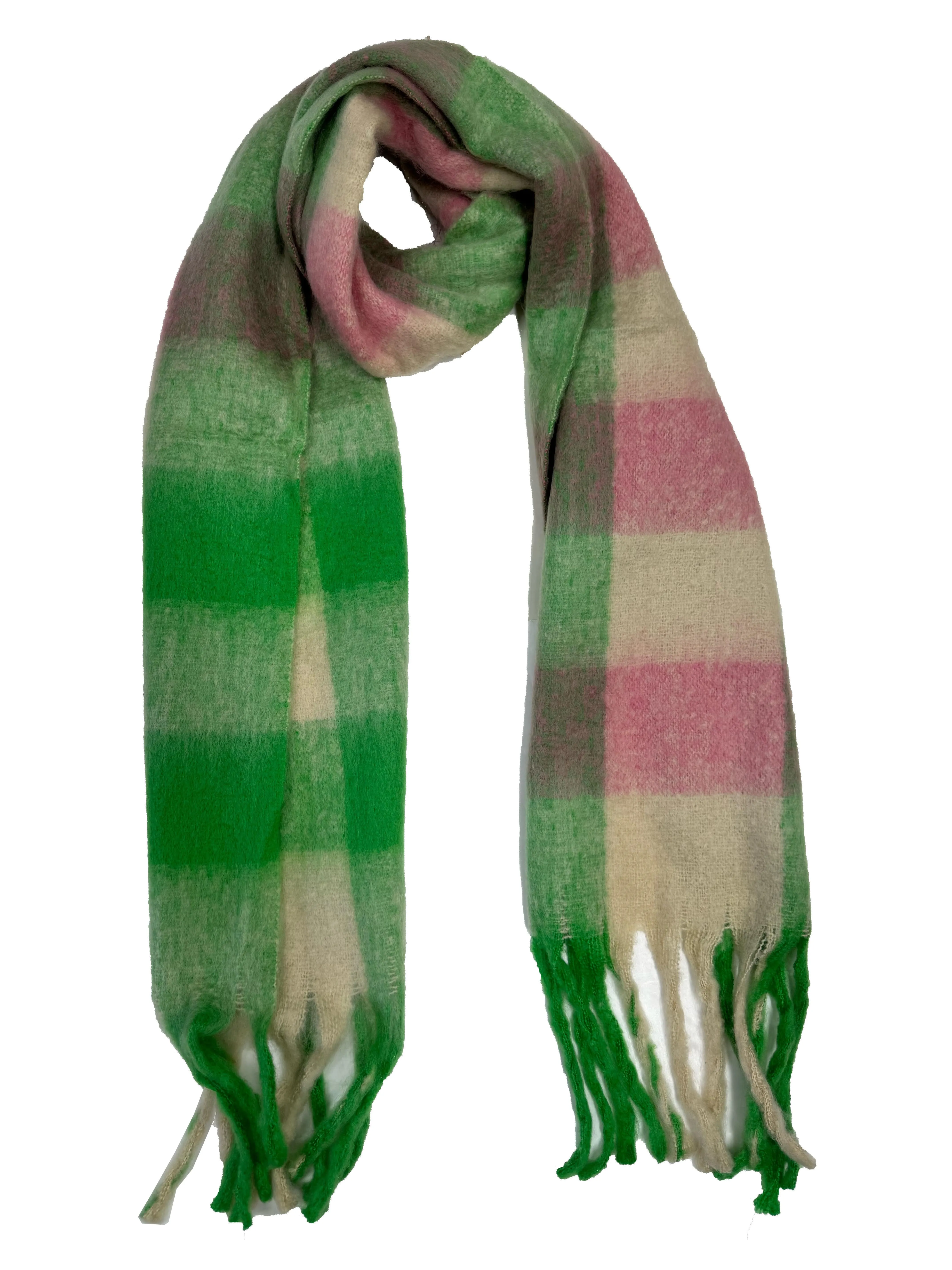 Fluffy Multicoloured Checkered Winter Scarf with Tassels