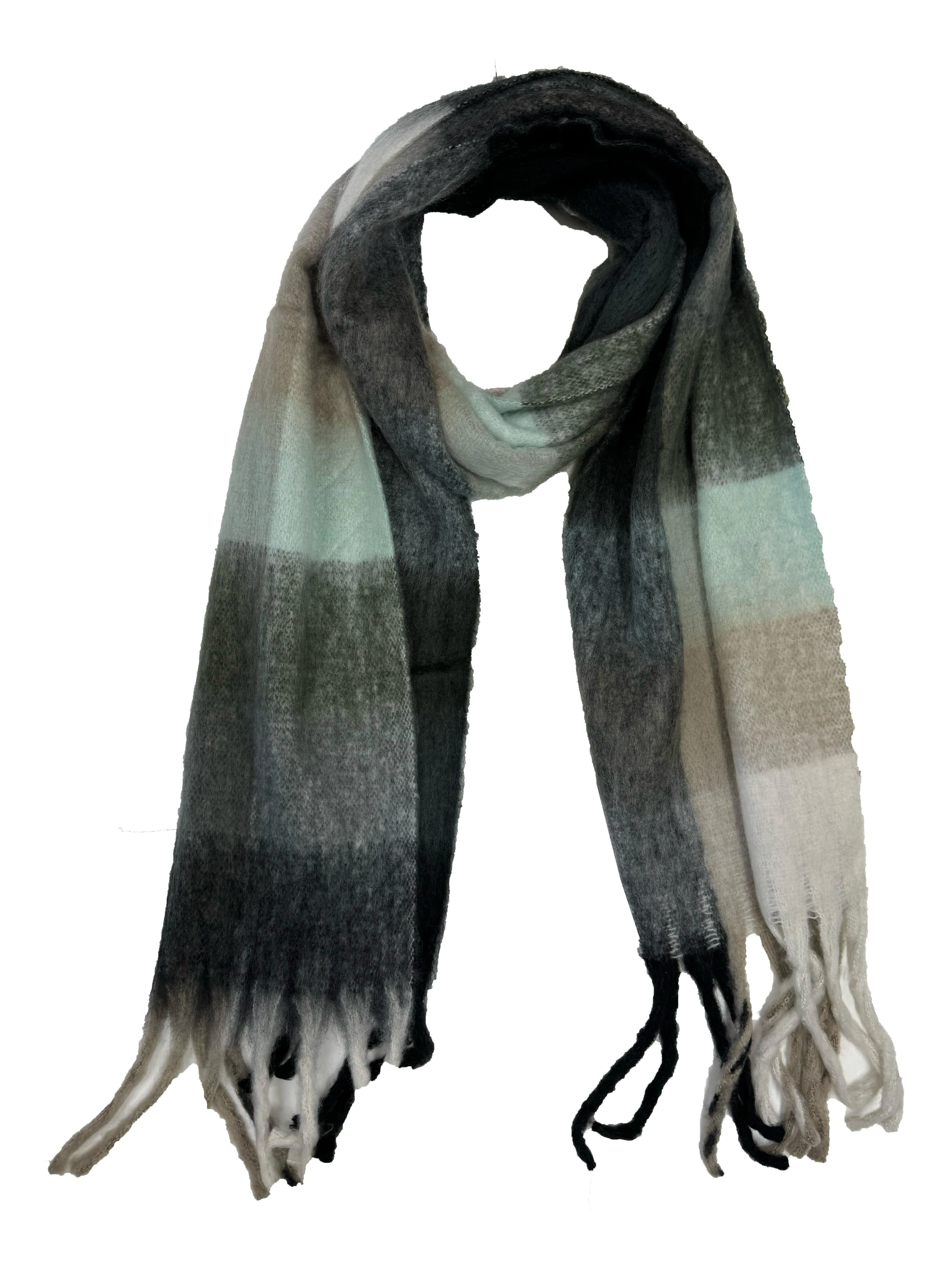 Fluffy Multicoloured Checkered Winter Scarf with Tassels