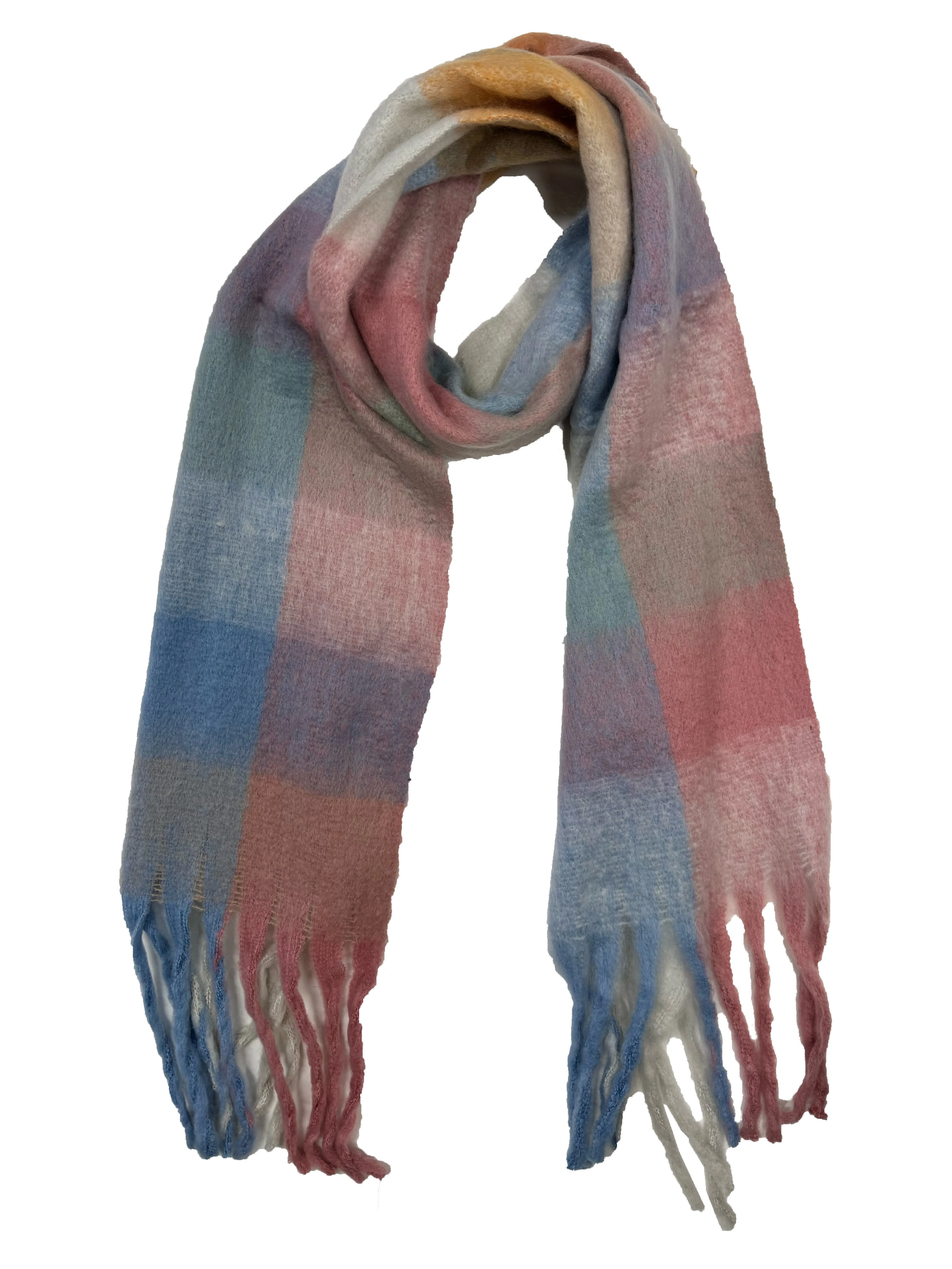 Fluffy Multicoloured Checkered Winter Scarf with Tassels