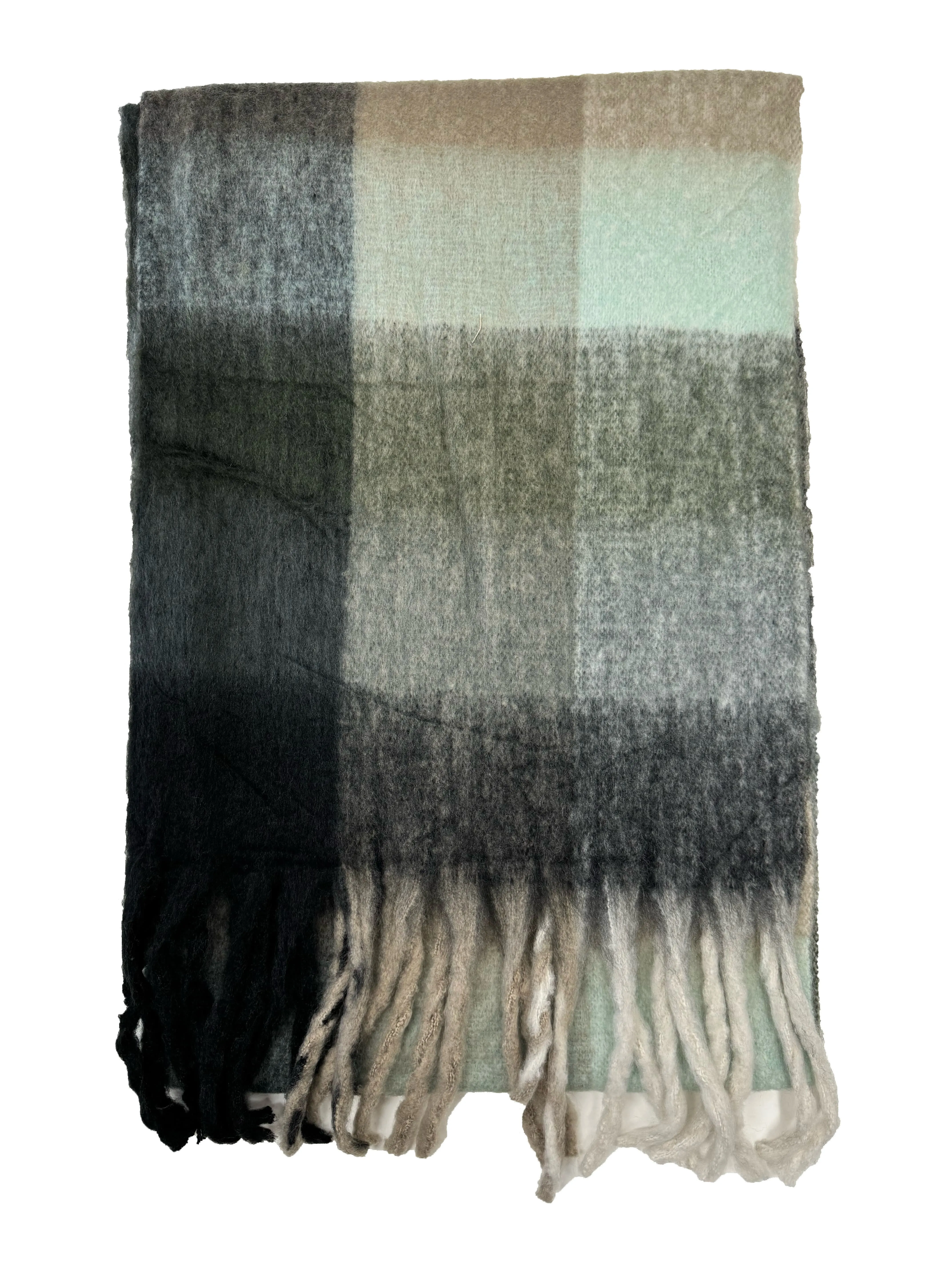 Fluffy Multicoloured Checkered Winter Scarf with Tassels