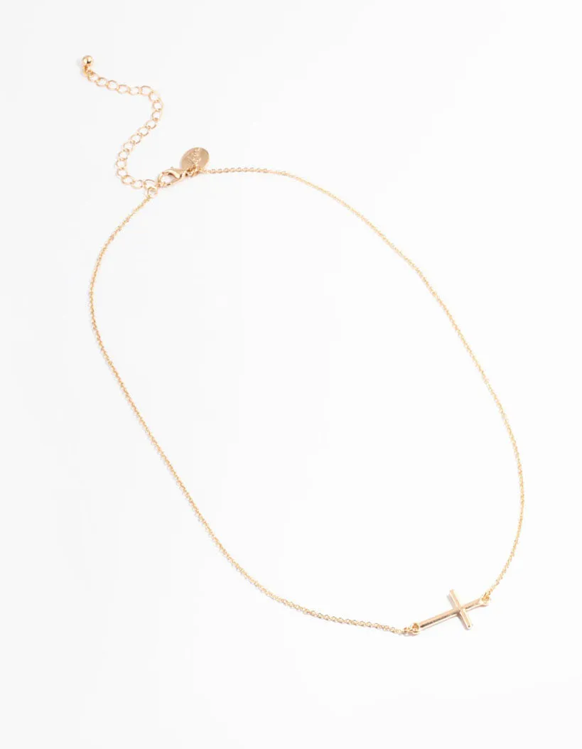 Gold Simple Bar Cross Necklace